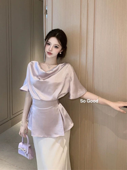 Cowl Neckline Short Sleeves Tie Tops With Skirts Sets
